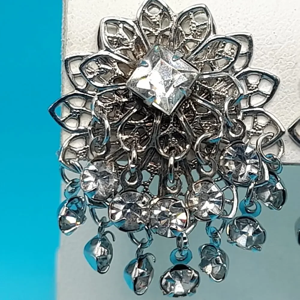 Vintage Waterfall Rhinestone Filigree Clip-On Earrings Tassel Dangle